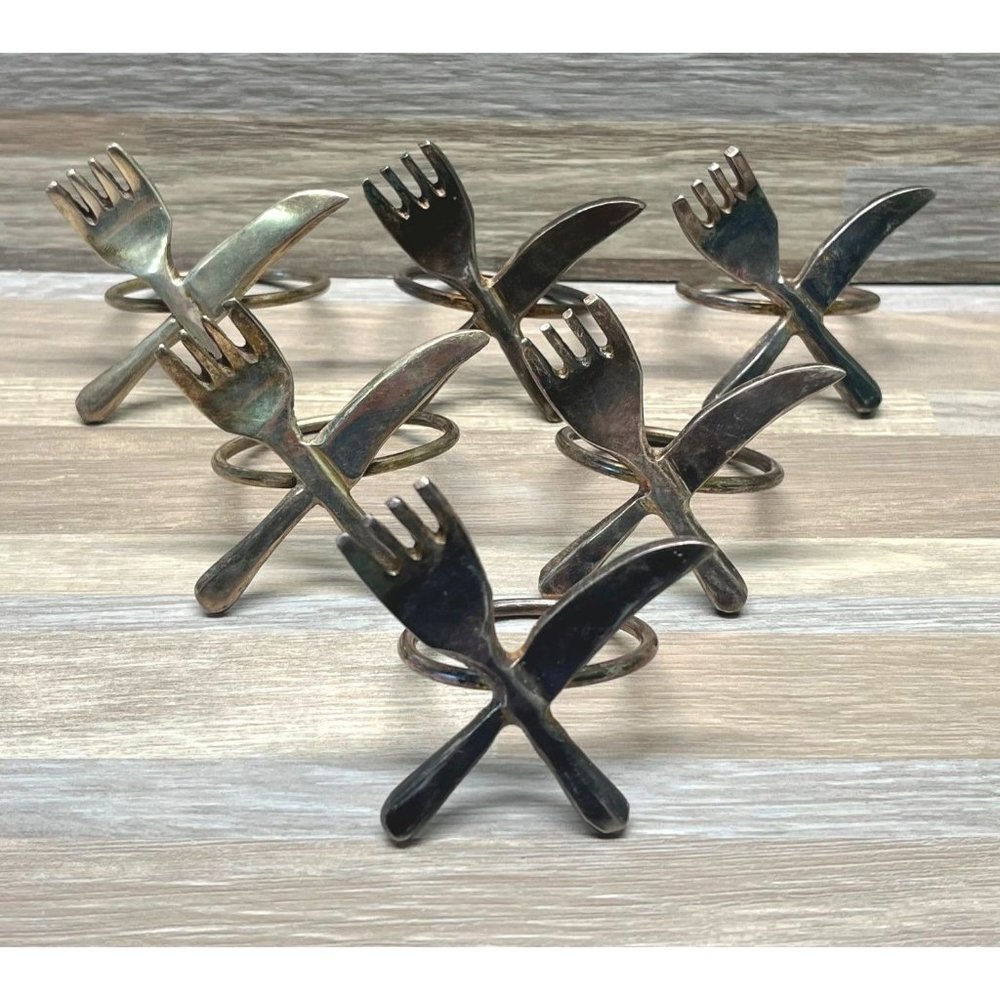 Vintage 1970's Knife and Fork Silverplate Metal Napkin Rings Set Of 6